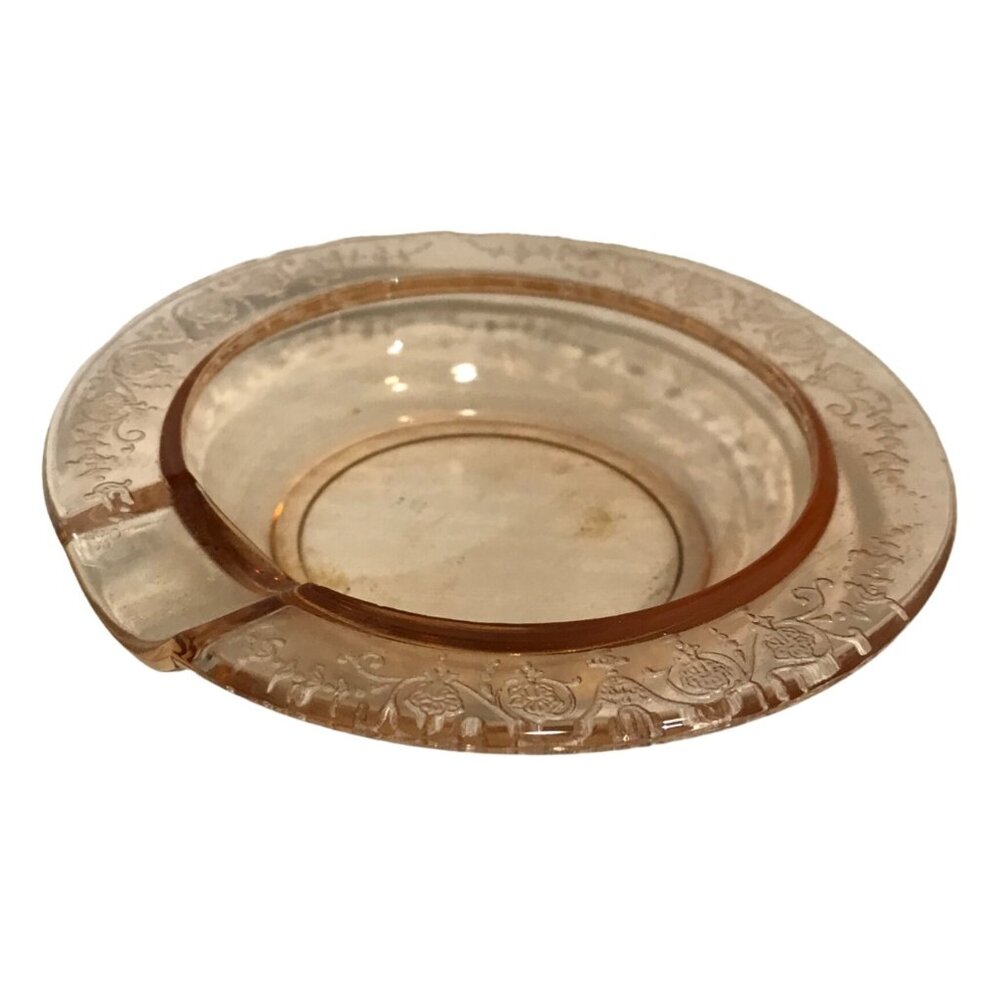 Ashtray Pink Depression Glass With Floral Etching Vintage 4" Round